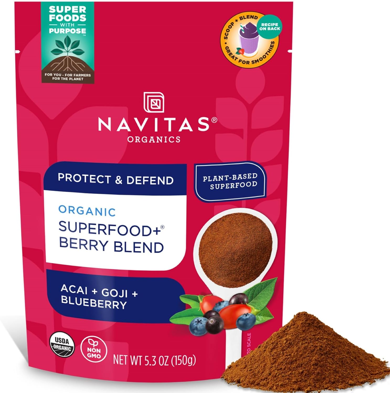 Navitas Organics Organic Superfood+ Berry Blend Acai + Goji + Blueberry 150 Grams (5.3 oz)