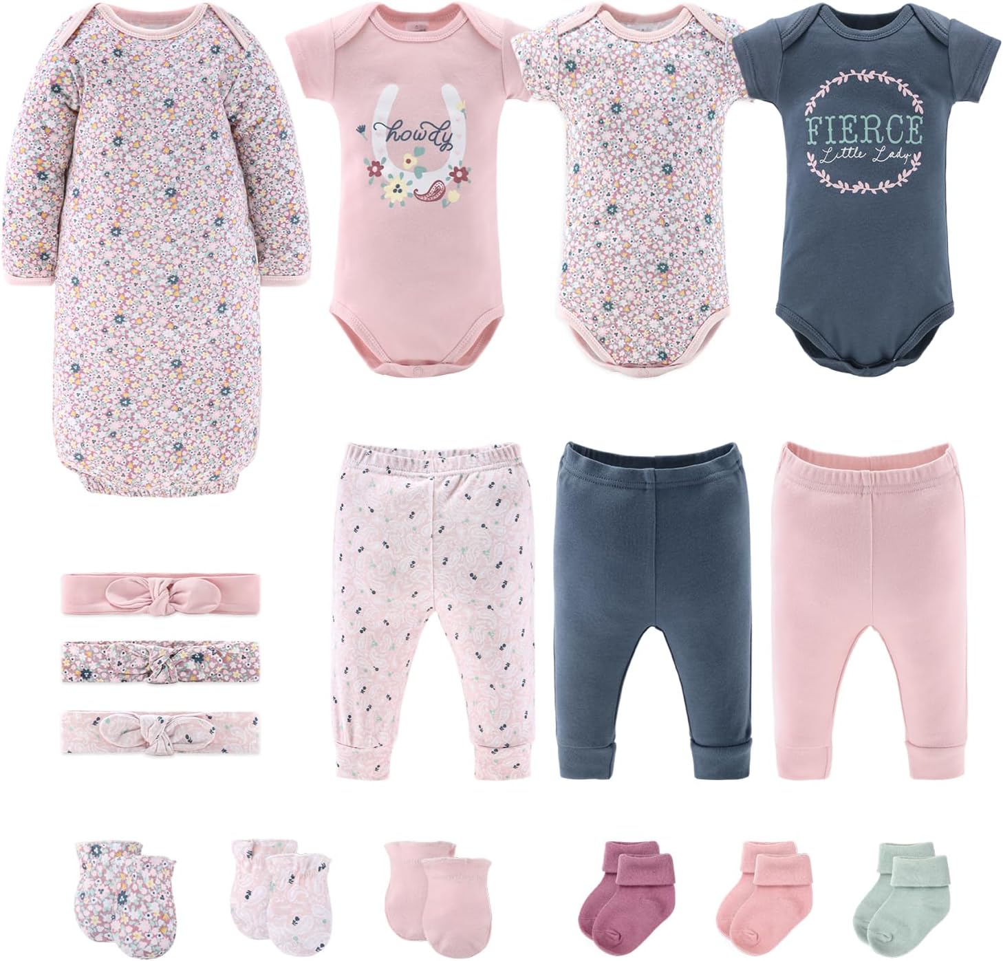 The Peanutshell Baby Layette Gift Set for Baby Girls - 16 Piece New Born Baby Girl Gift Set, Baby Clothes & Newborn Essentials Must Haves - Newborn Baby Girl Clothes 0-3 Months - Prairie Flora