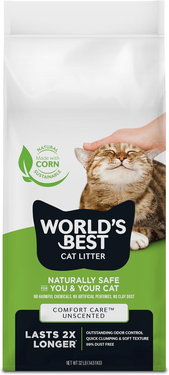 WORLD'S BEST CAT LITTER Comfort Care Unscented, 32-Pounds - Natural Ingredients, Quick Clumping, Flushable, 99% Dust Free & Made in USA - Long-Lasting Odor Control & Easy Scooping