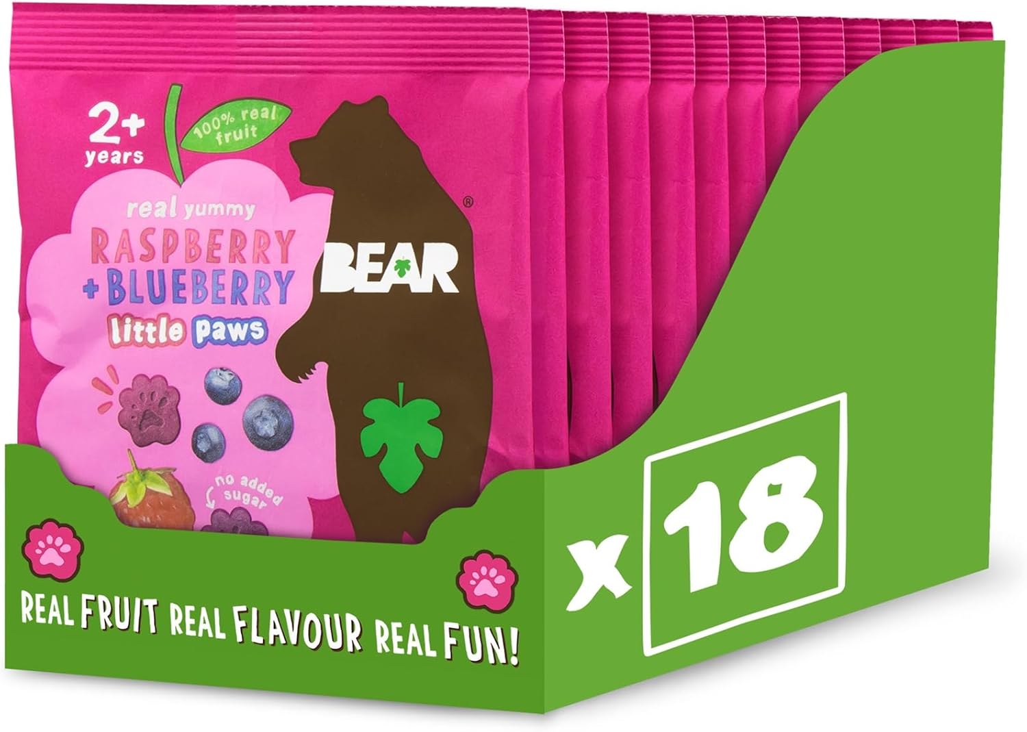 BEAR Raspberry & Blueberry Paws - Delicious Real Fruit - Suitable for 2+ years - Healthy - 20g (18 pack)
