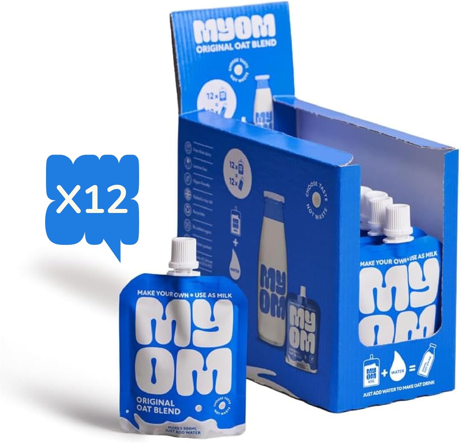 MYOM - Oat Drink - Makes 6 Litres - Vegan Plant Based Oat Drink with Vitamin D3, Vitamin B12 and Iodine - Low Sugar - Dairy Free Plant-Based Milk - Multipack 12 x 65g (12 x 500ml)