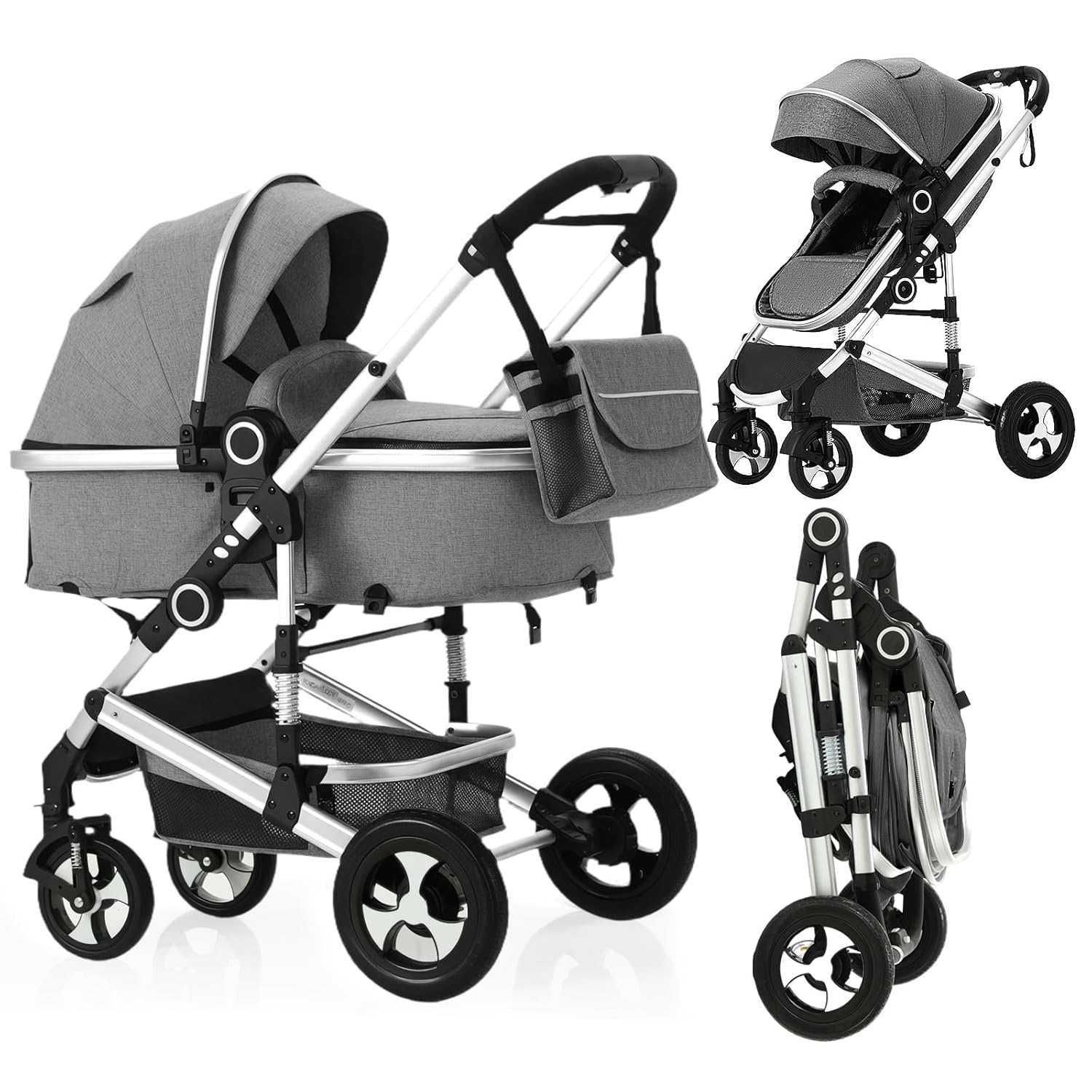 2 in 1 Baby Stroller, Convertible Pushchair Stroller w/Reversible Seat, Foldable Newborn Pram Carriage, Adjustable Canopy, Storage Basket, Diaper Bag & Cup Holder, 0-36 Months, Dark Grey