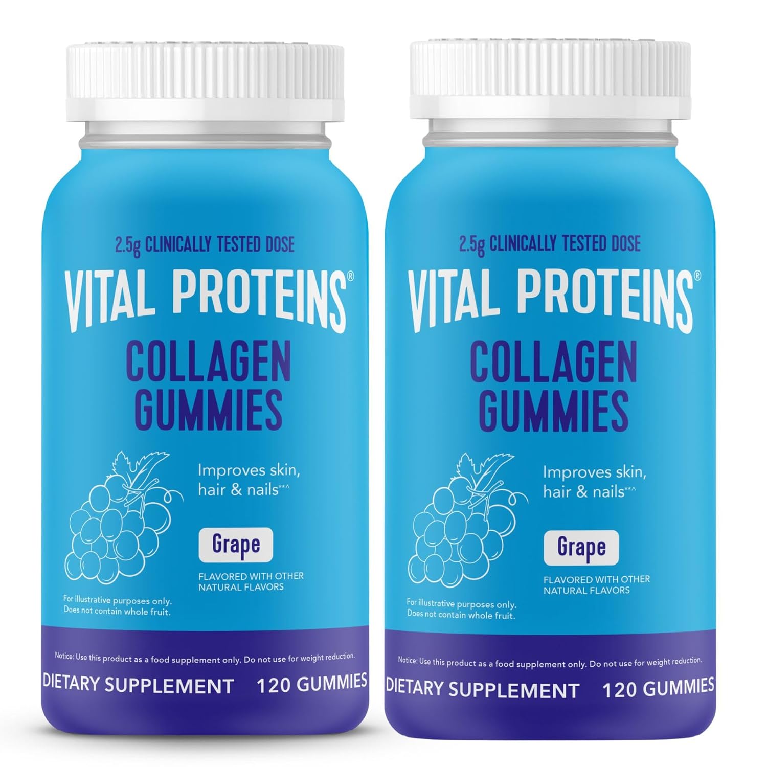 Vital Proteins Collagen Gummies, 2.5g of Clinically-Tested Collagen for Hair, Skin, Nails & Wrinkles, 120 ct Bottle, Pack of 2, Grape Flavor