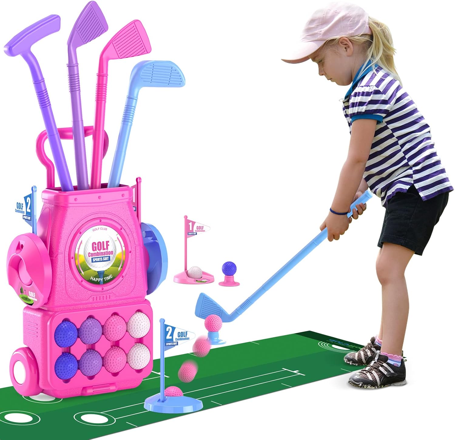 QDRAGON Kids Golf Clubs, Toddler Golf Set With 8 Balls, Putting Mat, 4 Golf Sticks, 2 Practice Holes And Golf Cart With Wheels, Indoor Outdoor Sport Toys Gift For Girls Ages 2 3 4 5+, Pink