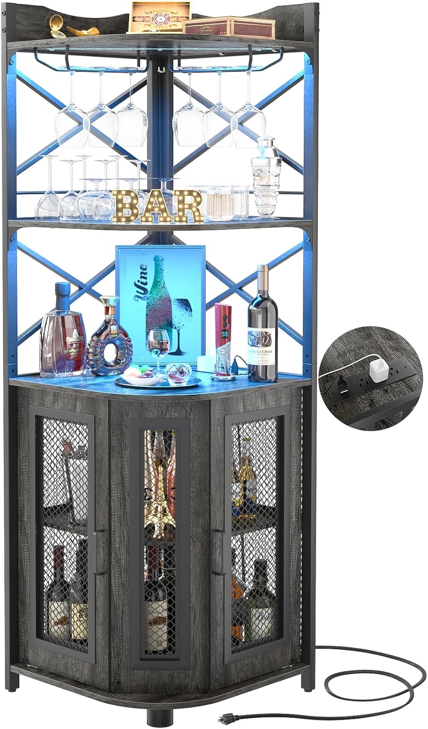 Aheaplus Corner Bar Cabinet with Power Outlet, Industrial Wine Storage with LED Strip and Glass Holder, 5-Tiers Liquor Bar Unit for Home, Corner Display for Small Space, Grey Oak