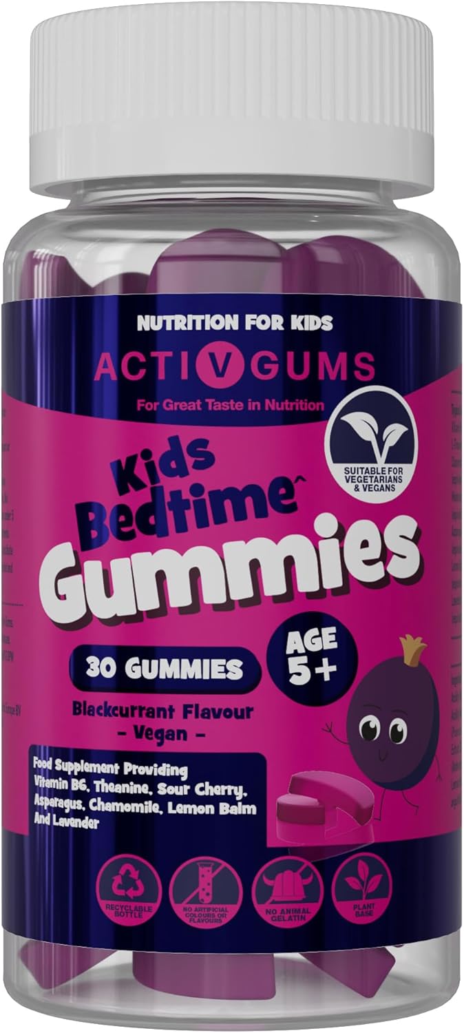 Kid's Bedtime 30 Vegan Gummies | Blackcurrant Flavour | Melatonin & 5HTP Free Contains Vitamin B6, Montmorency Cherry, Chamomile | Resealable & Recyclable Pouch | Suitable for Ages 5+ by ActivGums®