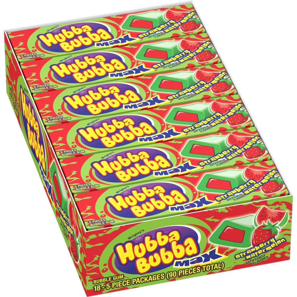 HUBBA BUBBA Bubble Gum Bulk, Chewing Gum Bulk Strawberry Watermelon Flavored, 18 Pack, 5 Pieces, Candy