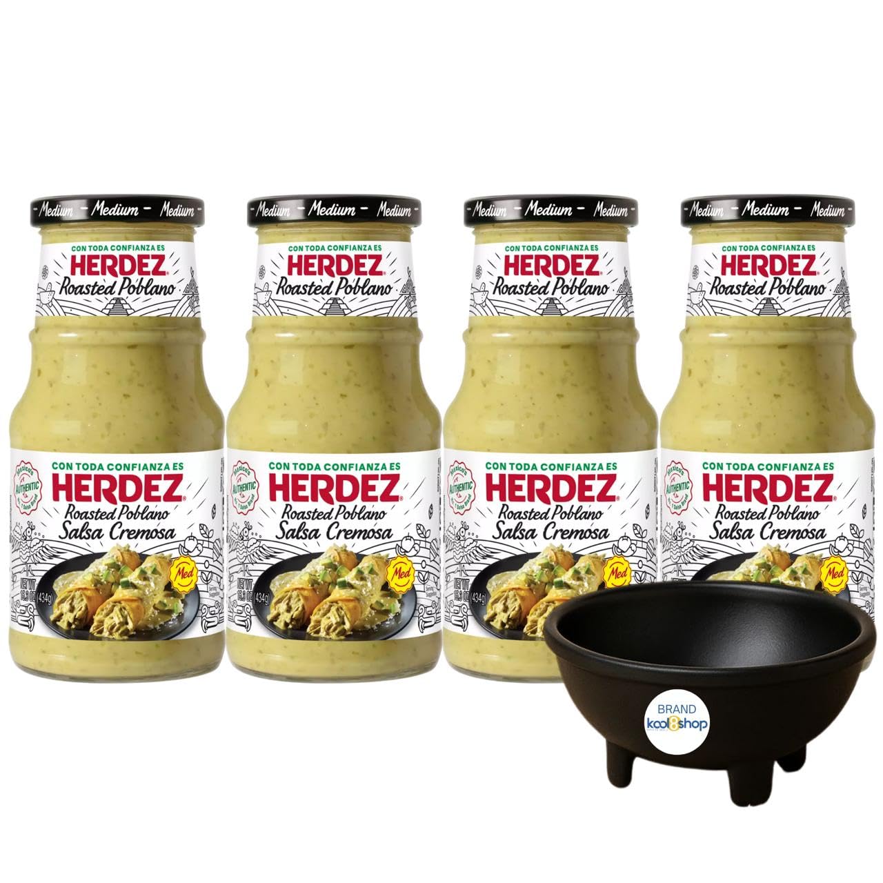 Herdez Poblano Salsa Cremosa Roasted 15.3 oz Glass Bottle 4 Pack + 1 Reusable Serving Dish by Kool8shop Infinite Deals