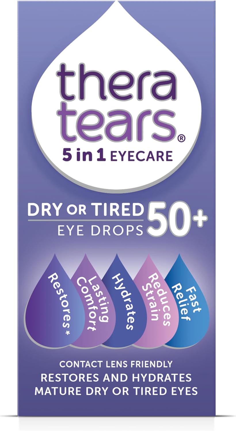 TheraTears® Dry or Tired Eye Drops 50+ | Restores and Hydrates Mature Dry or Tired Eyes | Contact Lens Friendly | Long-Lasting Relief | Preservative Free 5 in 1 Eye Care Drops | 10ml
