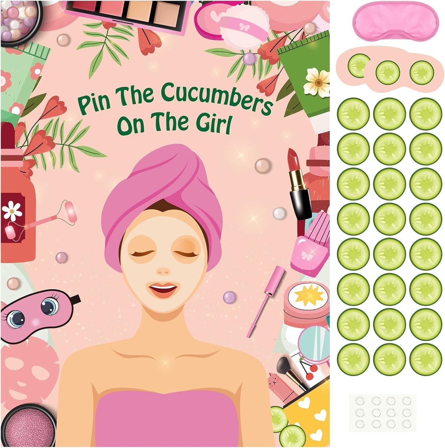 PLULON Spa Party Game for Girls Party, Pin The Cucumber on The Girl with Cucumber Spa Stickers Spa Game Poster for Kids Girl Spa Birthday Makeup Sleepover Slumber Party Supplies Women Party Decor