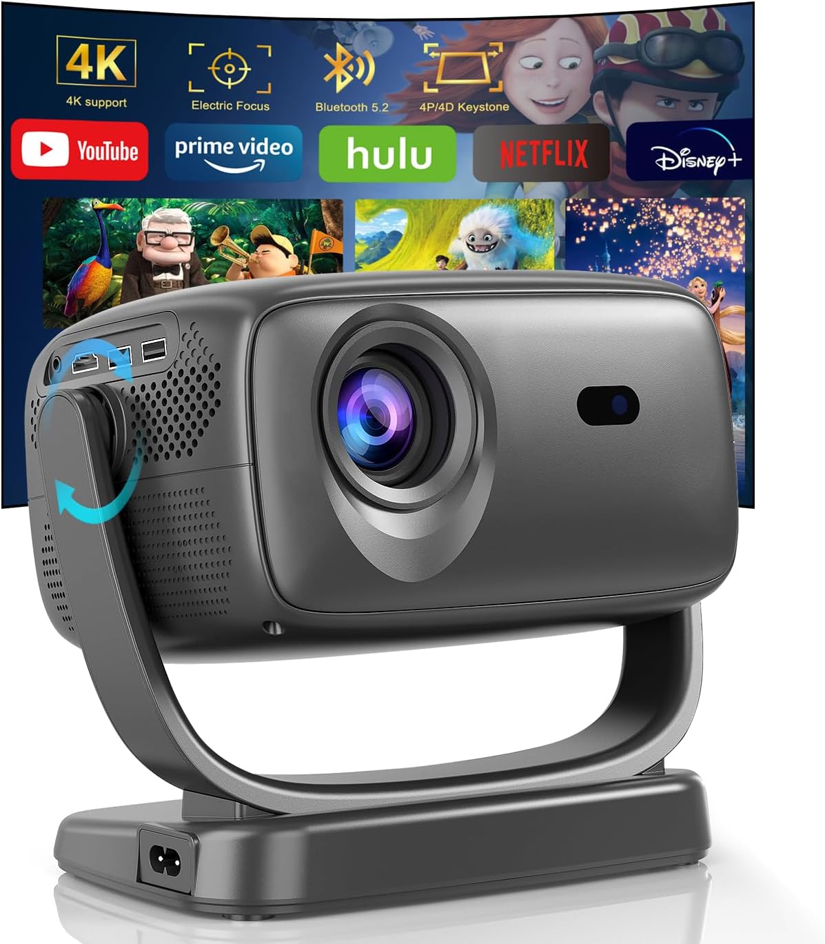 2025 Upgraded Smart Projector 4K Support,26000 Lumen 4P/4D Keystone Native 1080P WiFi6 Bluetooth 5.2 Portable Video Projector for Home Bedroom Outdoor,Massive APPs,180° Rotatable