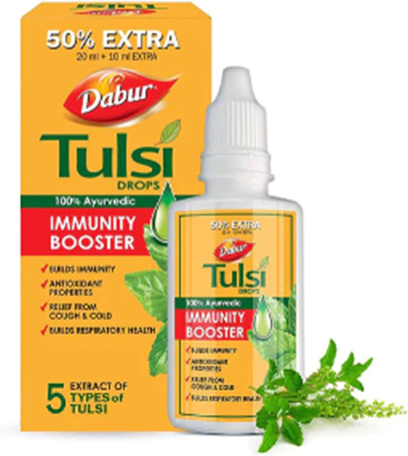 DABUR Tulsi Drops- 50% Extra: Concentrated Extract of 5 Rare Tulsi for Natural Immunity Boosting & Cough and Cold Relief: (20ml +10ml Free)