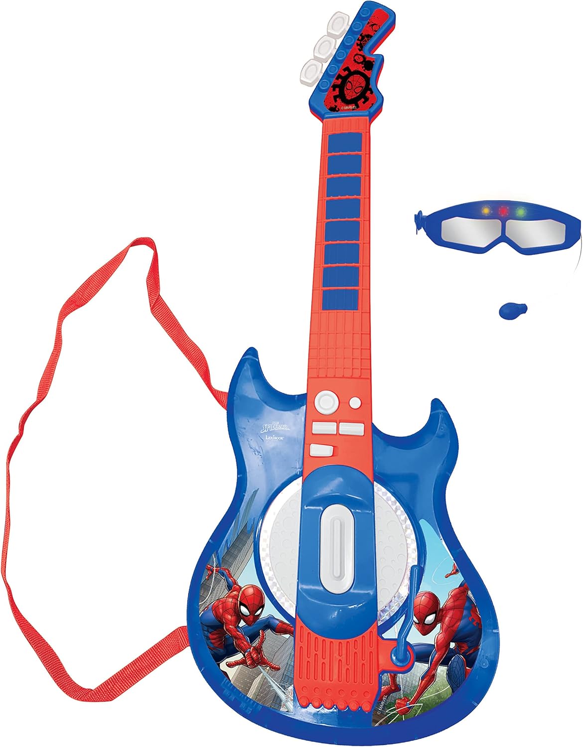 Lexibook, Spider-Man, Leuchtende elektronische Gitarre mit Mikrofon, Brille mit Mikrofon, Melodien, 2 Spielmodi, MP3-Anschluss, Blau/Rot, K260SP