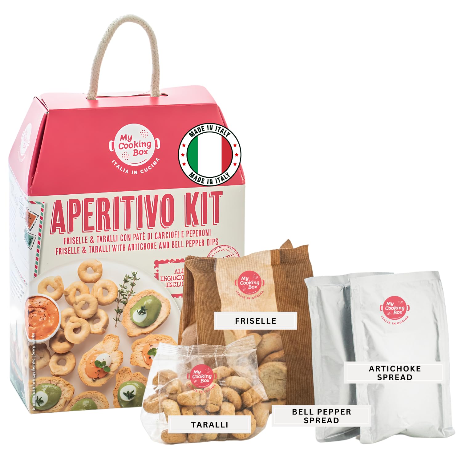 My Cooking Box Aperitivo Kit Freiselle & Taralli with Artichoke & Pepper Dips, Gourmet Appetizer Kit Recipe, Italian Snacks, Product of Italy, All the Italian Ingredients in One Box, 2/3 Servings