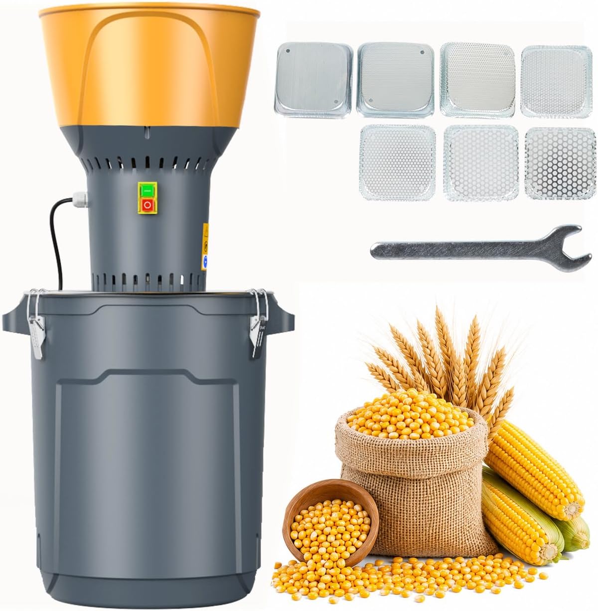 15.8 Gallon Electric Corn Grinder Mill for Chicken Feed, Grain Mill Grinder with 7 Sieves, Heavy Duty Feed Grinder for Corn, Wheat, Rice, Soybeans, Livestock Feed, Farm & Homestead Use-Yellow