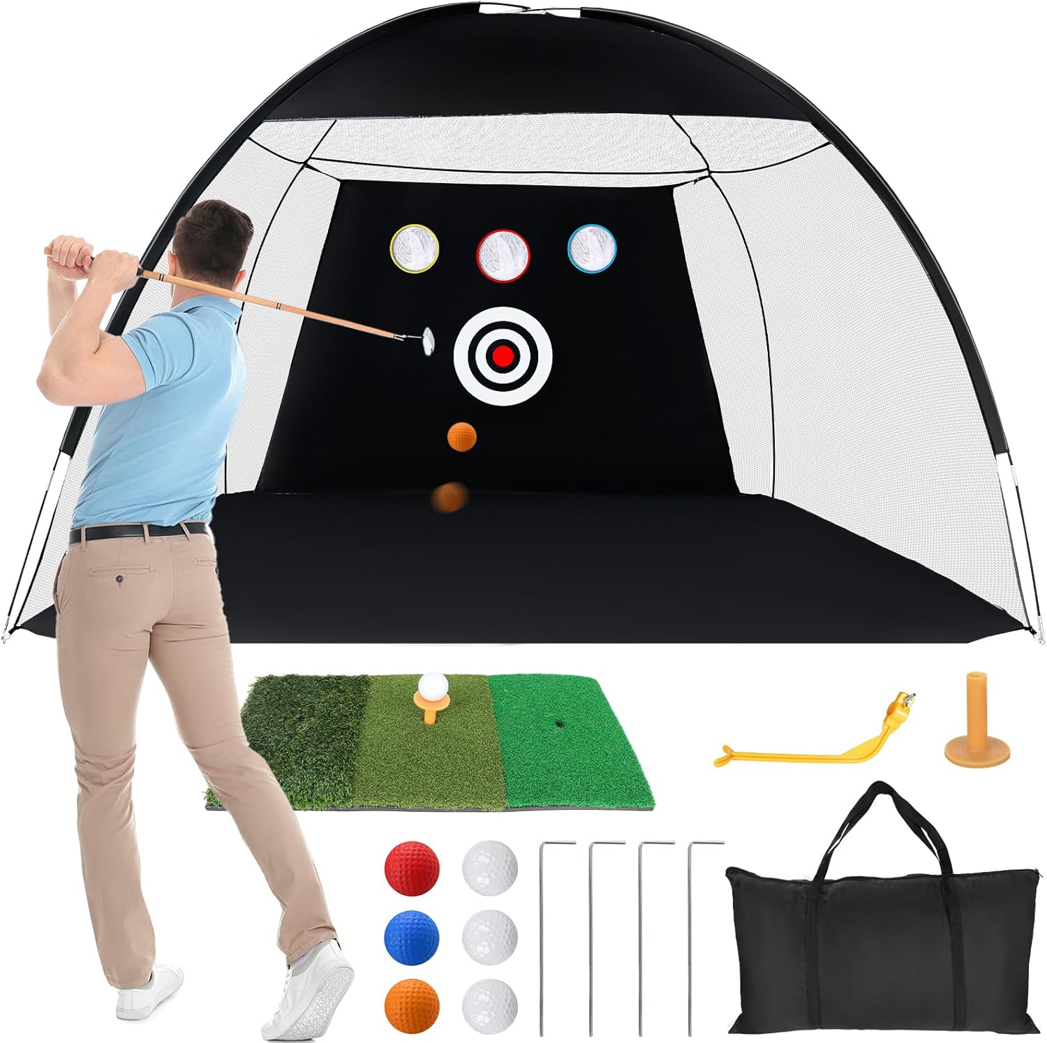 Golf Practice Net 10x7ft for Garden with 6 Balls Swing Correction Trainer Carry Bag Chipping Turf Golf Mat for Backyard Driving Indoor Outdoor Use