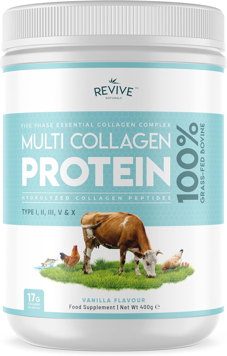Vanilla Multi Collagen Protein Powder - 400g - Unsweetened - 5 Types of Collagen Peptides - Hydrolysed Grass Fed Bovine, Wild Caught Marine & Free-Range Chicken - Keto Approved