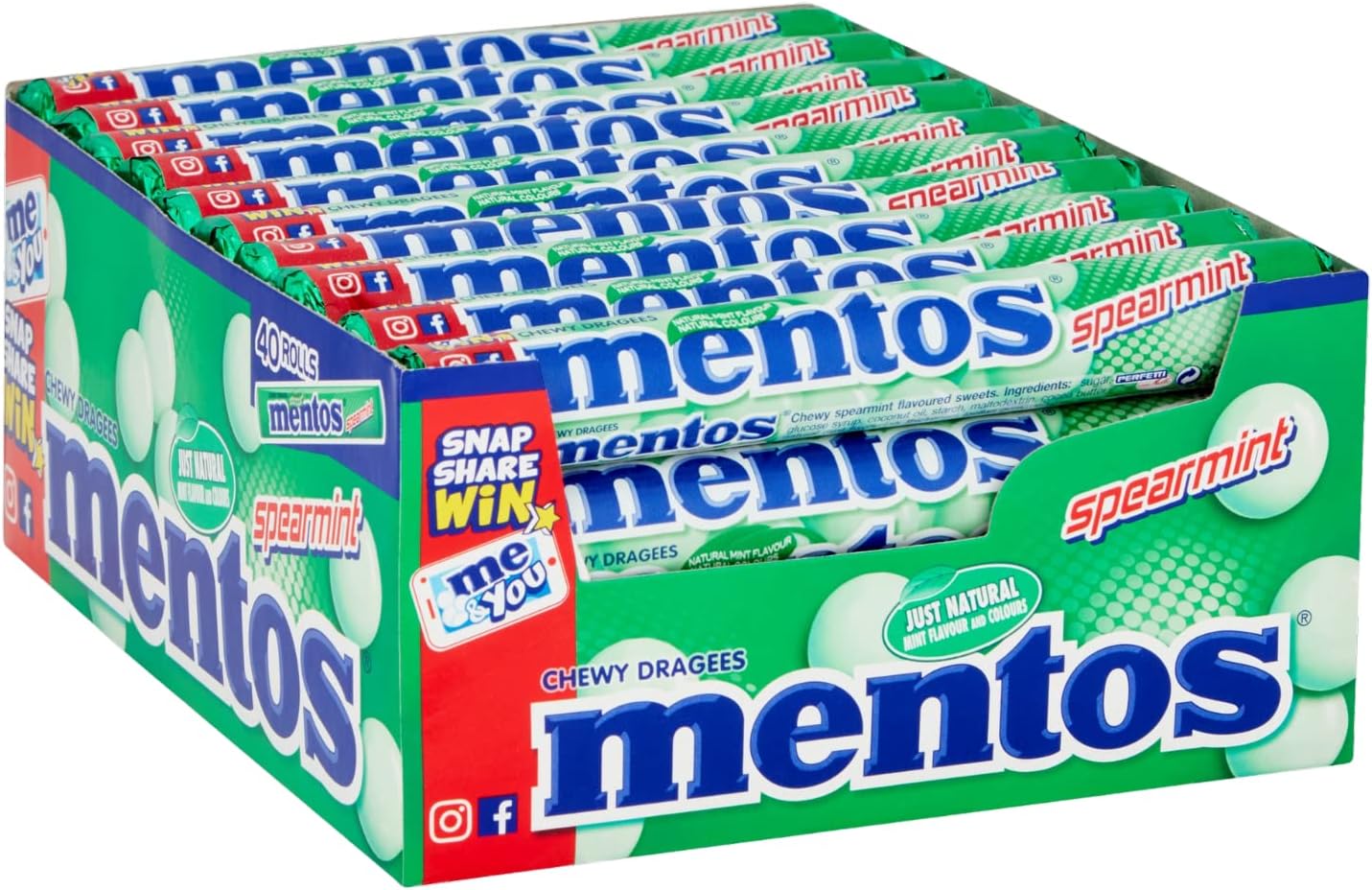 Mentos Spearmint Soft Mints, Refreshing Chewy Sweets With Natural Colours, Suitable for Vegetarians - 40 Rolls