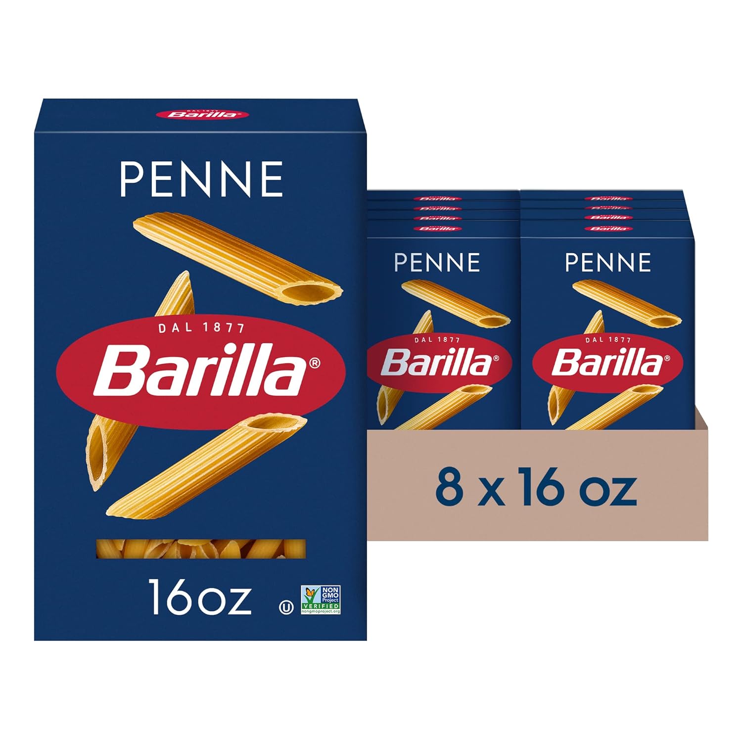 Barilla Penne Pasta, 16 oz. Box (Pack of 8) - Non-GMO, Made with Durum Wheat Semolina - Kosher Certified