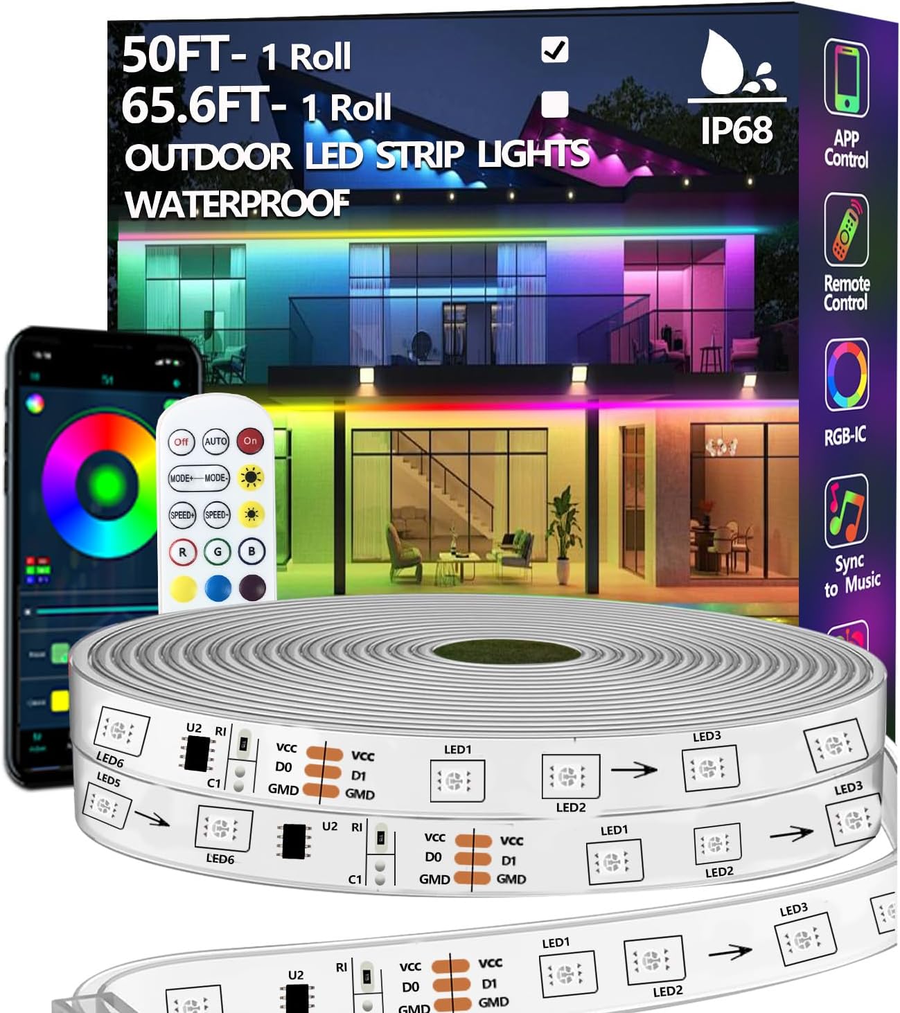 Bvokon 15M Outdoor LED Strip Light IP68 Waterproof,Outside RGB+IC Lights with App/Remote Control,Color Changing,Music Sync Rope Light for Balcony,Deck,Rooftop,Garden,Pool