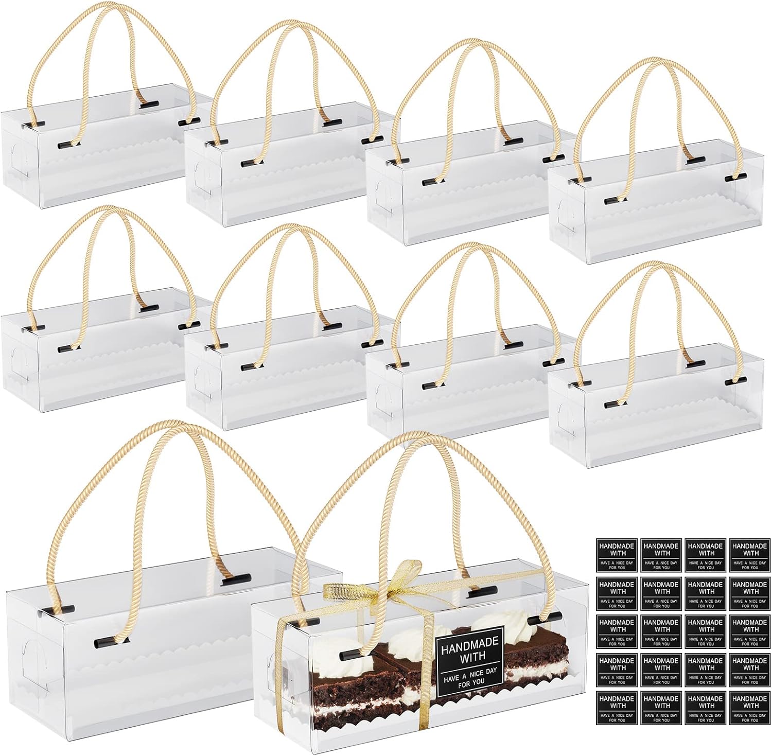 10 Pcs Clear Swiss Roll Cake Boxes Pastry Dessert Cookies Gift Boxes with Handle, Bakery Box Treat Boxes for Swiss Roll Muffin Pies Bakery Candy Wedding Party Favors (26 * 10 * 9.5cm)