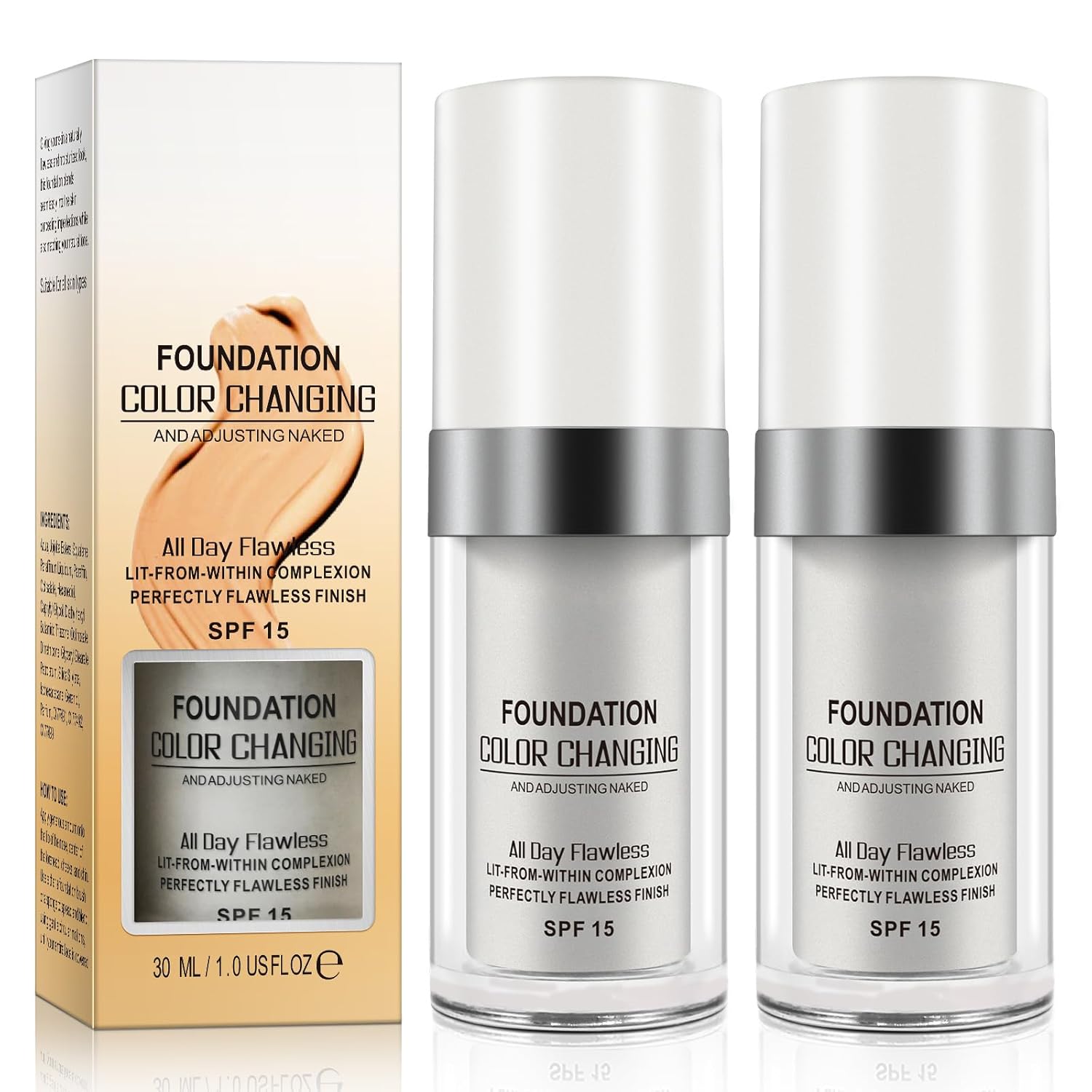 2PCS Flawless Colour Changing Warm Skin Tone Foundation, Naturally Blends Moisturizing foundation makeup, Long Lasting Waterproof Lightweight Liquid Foundation SPF 15 for Face Makeup
