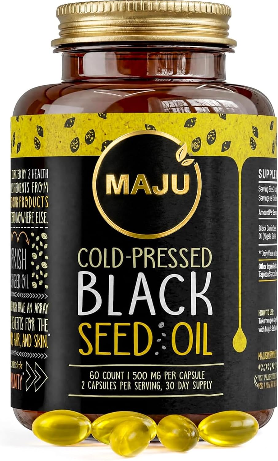 Maju Superfoods Black Seed Oil Capsules - Cold Pressed, 3X Thymoquinone, 100% Turkish Black Cumin Nigella Sativa Seed Oil, Liquid Pure Blackseed 60 Count, 500mg per Capsule