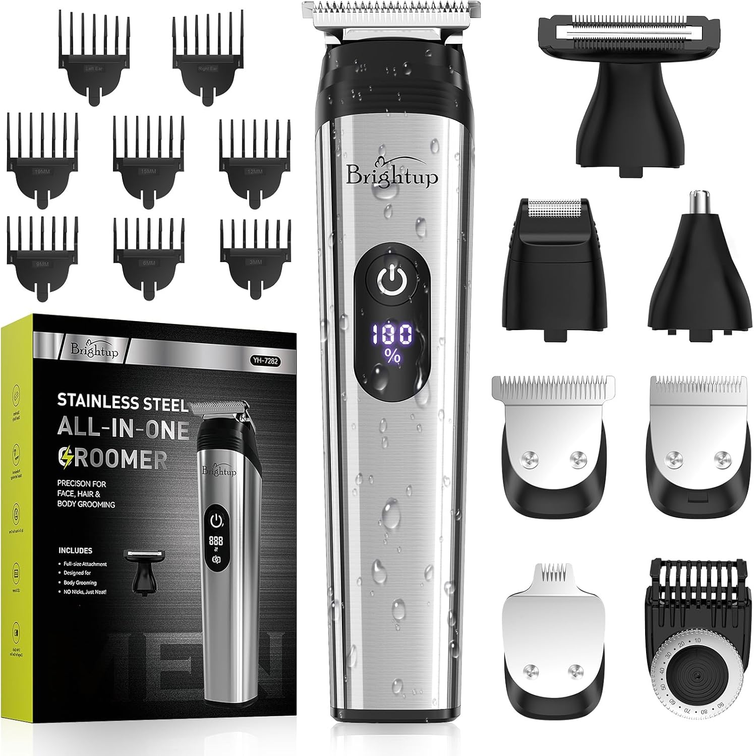 Brightup Beard Trimmer Men, Hair Clippers, 4 Hours of Cordless Use, Stainless Steel Metal Body, Grooming Kits for Head, Mustache, Face, Nose, Ear, Ball, Body Hair, Waterproof, LED Display