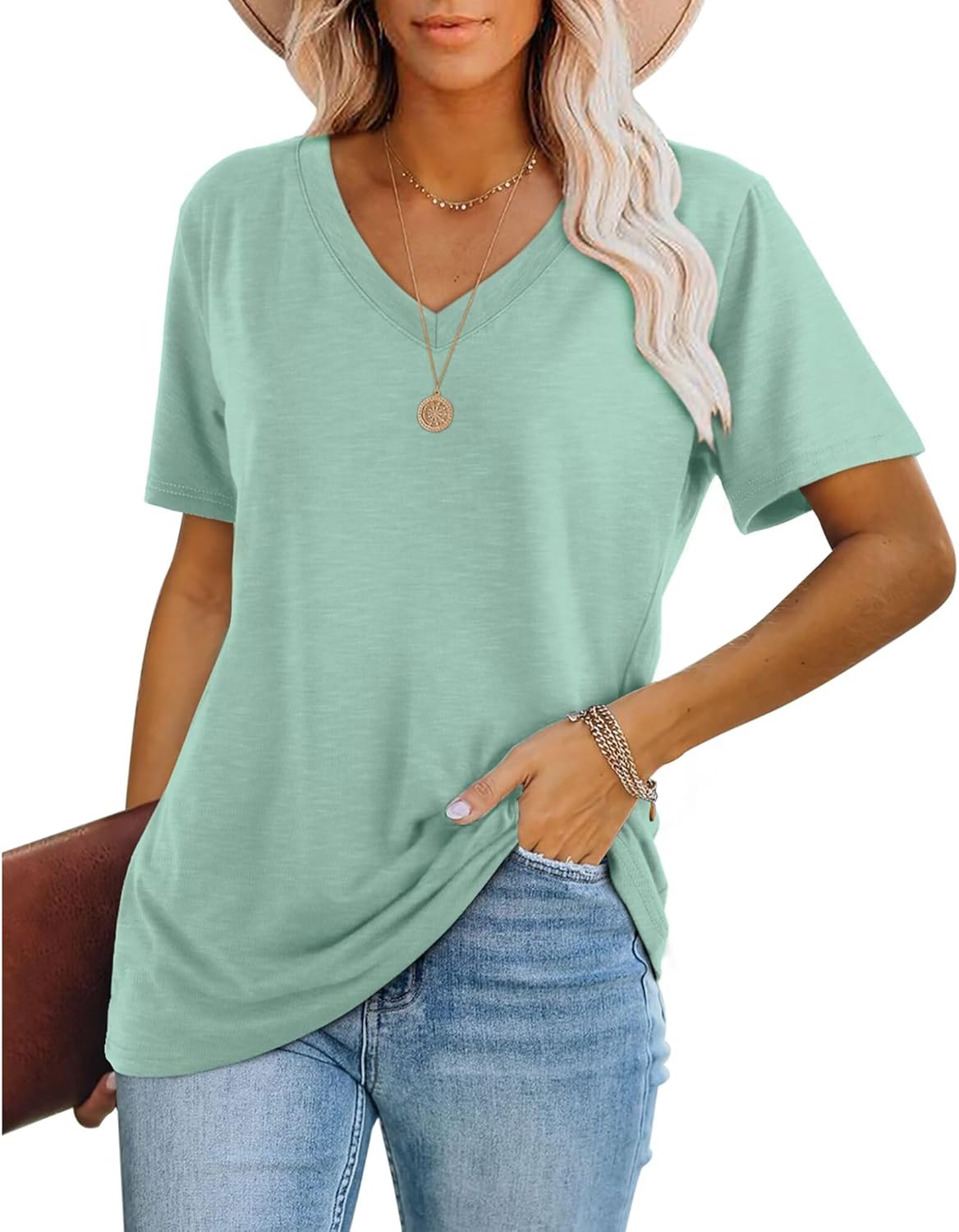 WIHOLL Ladies Tops Summer Casual Loose Fit Short Sleeve V Neck T Shirts for Women UK
