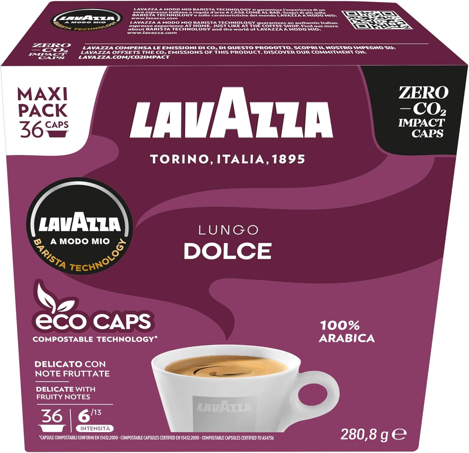 Lavazza A Modo Mio Lungo Dolce, 36 Coffee Capsules, with Aromatic Notes of Dried Fruits, for a Sweet Espresso, 100% Arabica, Intensity 6/13, Medium Roasting, 1 Pack of 36 coffee pods
