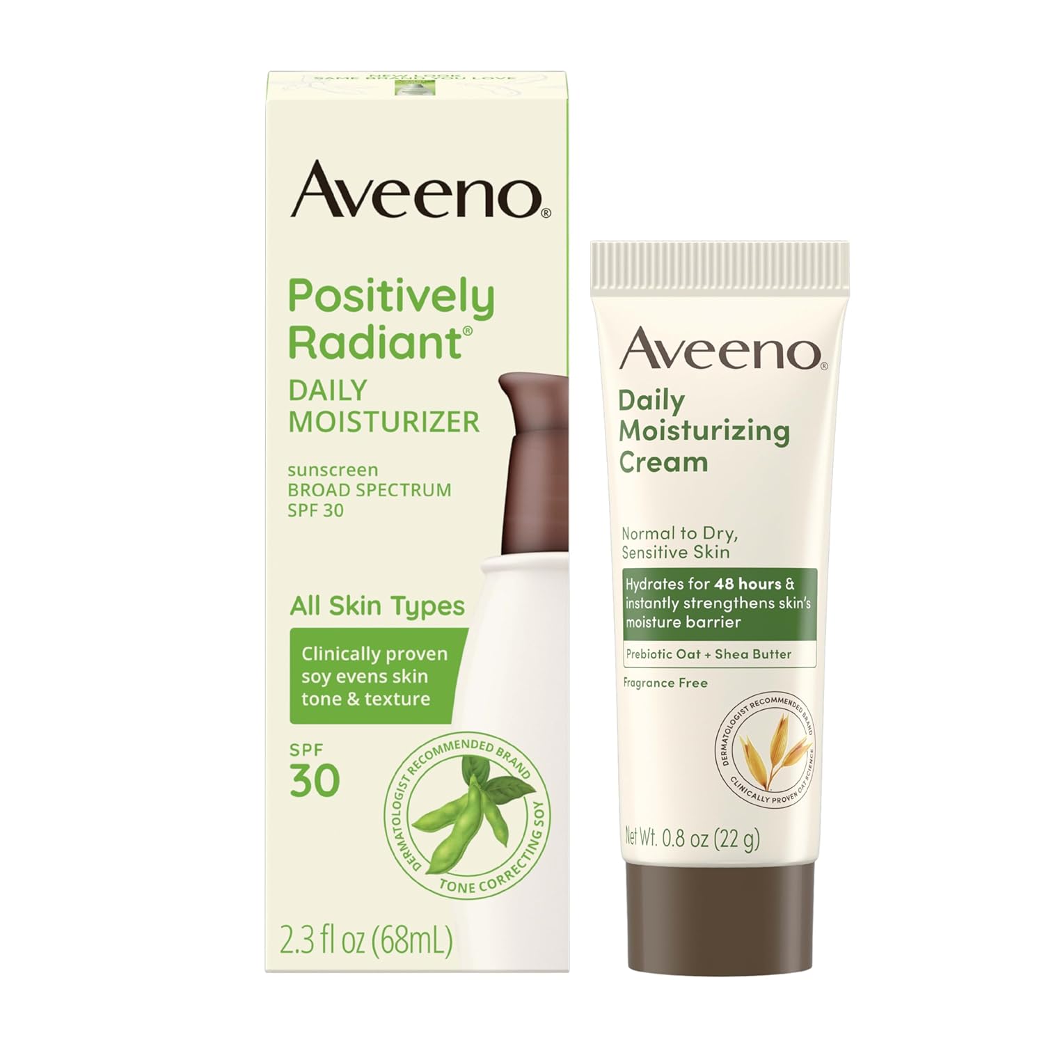 Aveeno Positively Radiant Hydrating Face Moisturizer with SPF 30 Sunscreen + Soy, Visibly Improve Skin Tone and Texture, 2.3 fl oz & Trial Size Daily Moisturizing Cream for Body, Face, & Hands, 0.8 oz