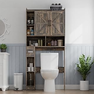 Over The Toilet Storage Cabinet, Farmhouse Storage Cabinet Over Toilet with 2 Barn Doors & Toilet Paper Holder Stand，Home Space-Saving Toilet Rack, for Bathroom, Restroom, Laundry
