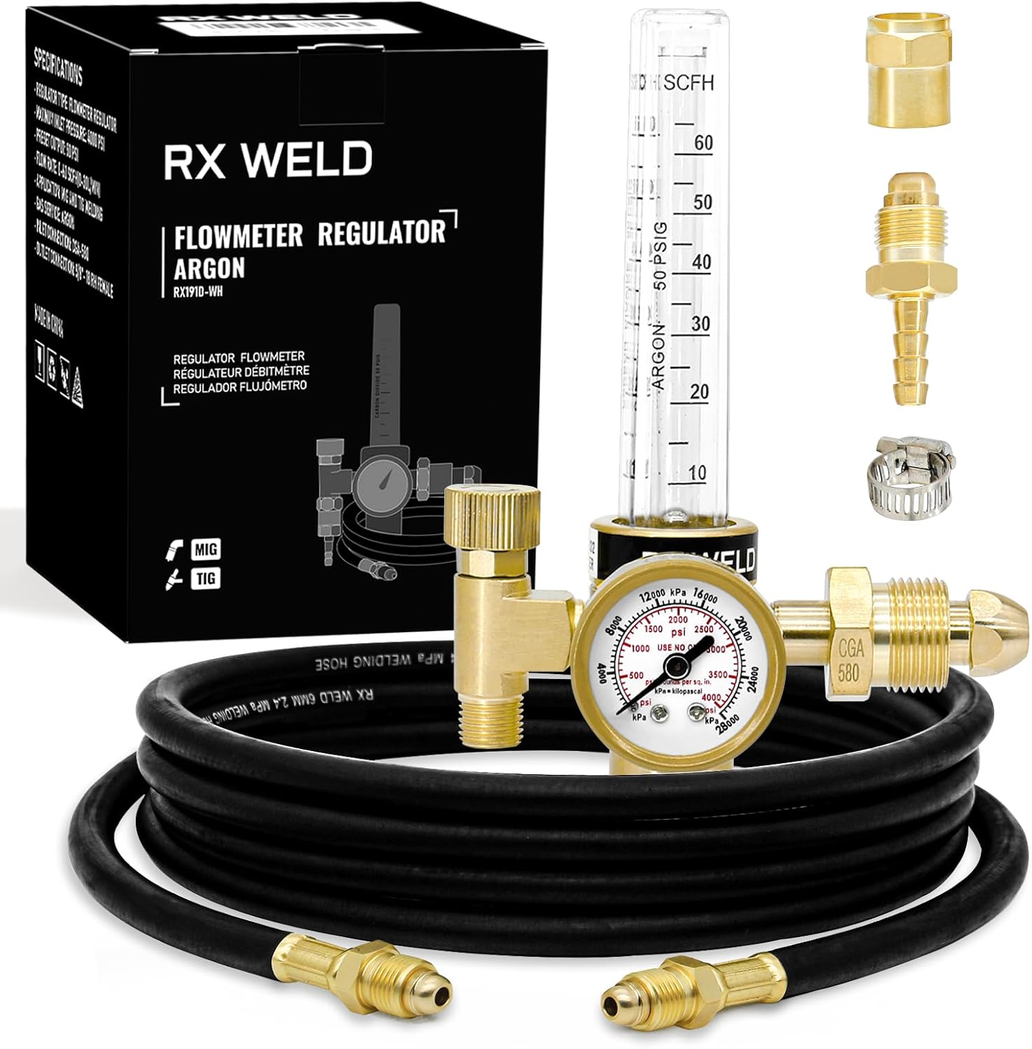 RX WELD Argon Regulator Flowmeter Gas Gauge for Mig Tig Weld with Gas Welding Hose