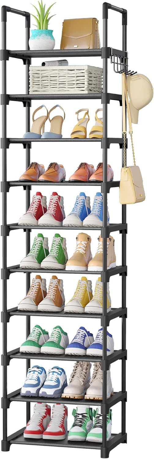 Kitsure Shoe Rack - 10-Tier Shoe Storage with Detachable Fabric Shelves & Metal Frame, Tall Shoes Rack for Closet, Entrance, Living Room, 174.0cm x 43.0cm x 30.0cm, Black
