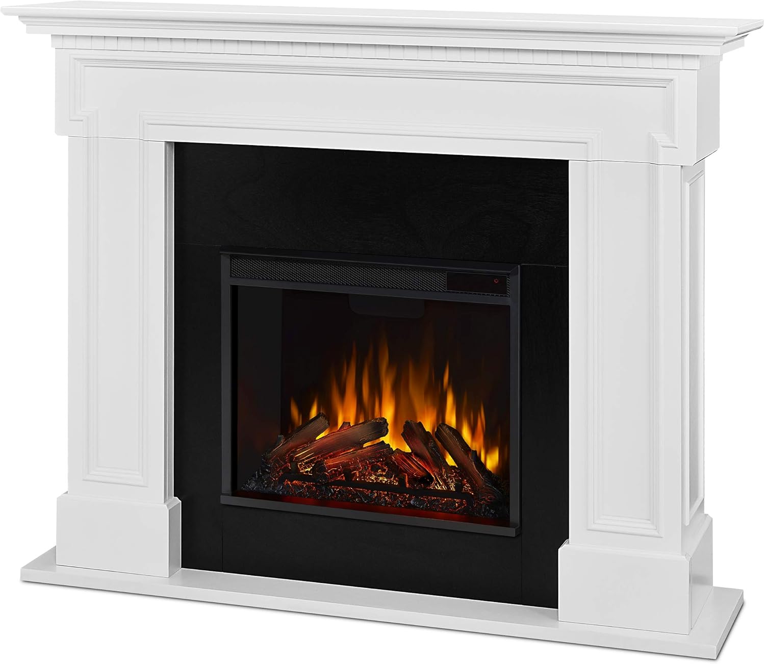 Real Flame Thayer 55” Electric Fireplace with Mantel for Living Room or Bedroom, Replaceable Fireplace Insert Heater, Realistic Log and Flame Effect, Remote Control, Timer, White