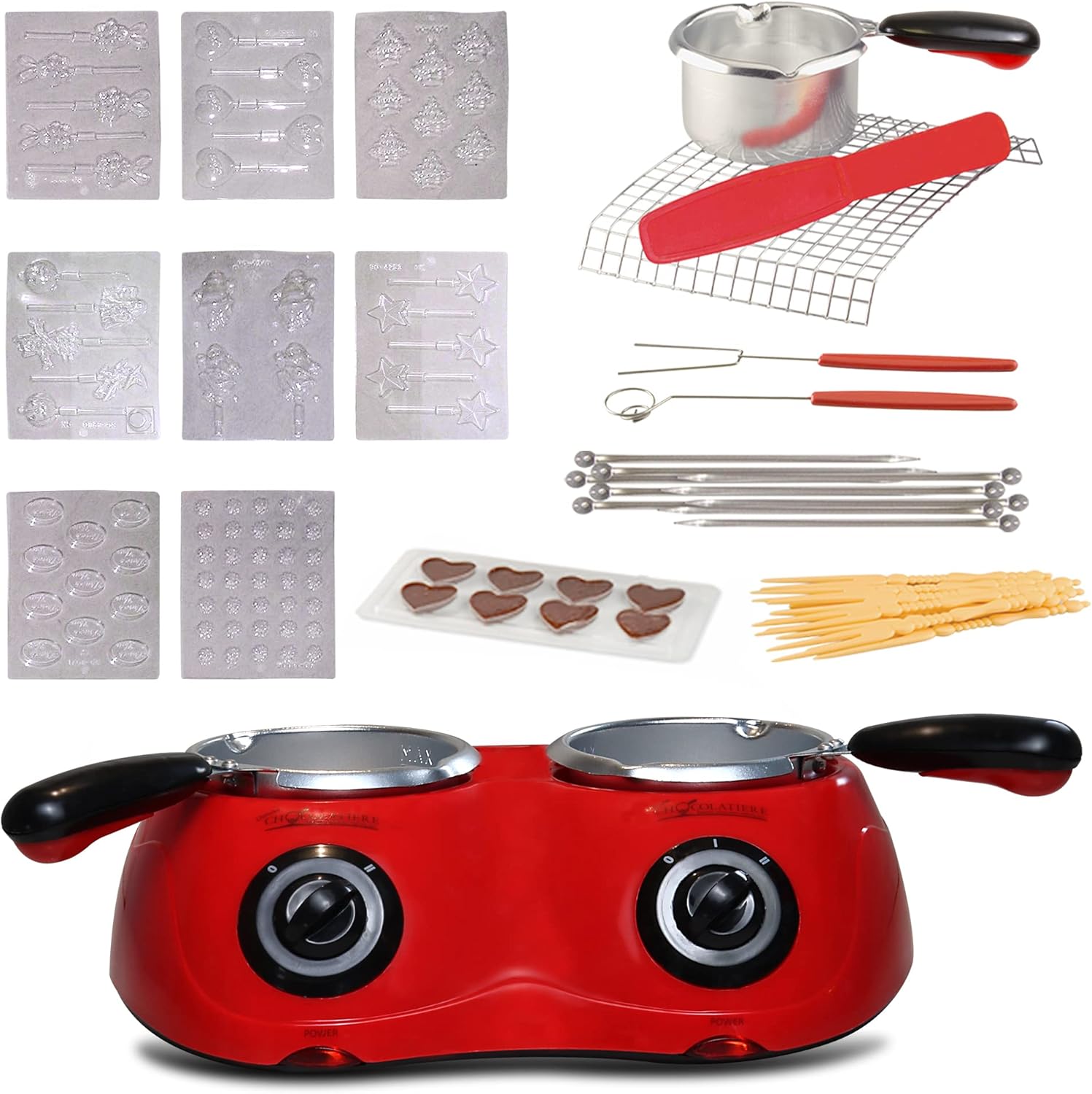 Total Chef Hot Chocolate Maker 2 Cooking Melting Pots with 17.6oz 500g Fondue Sets DIY Candy Deeping Set with 100+ Tools Kit Electric Chocolatier Machine Candy Cheese Melter Birthday Kids Party Red