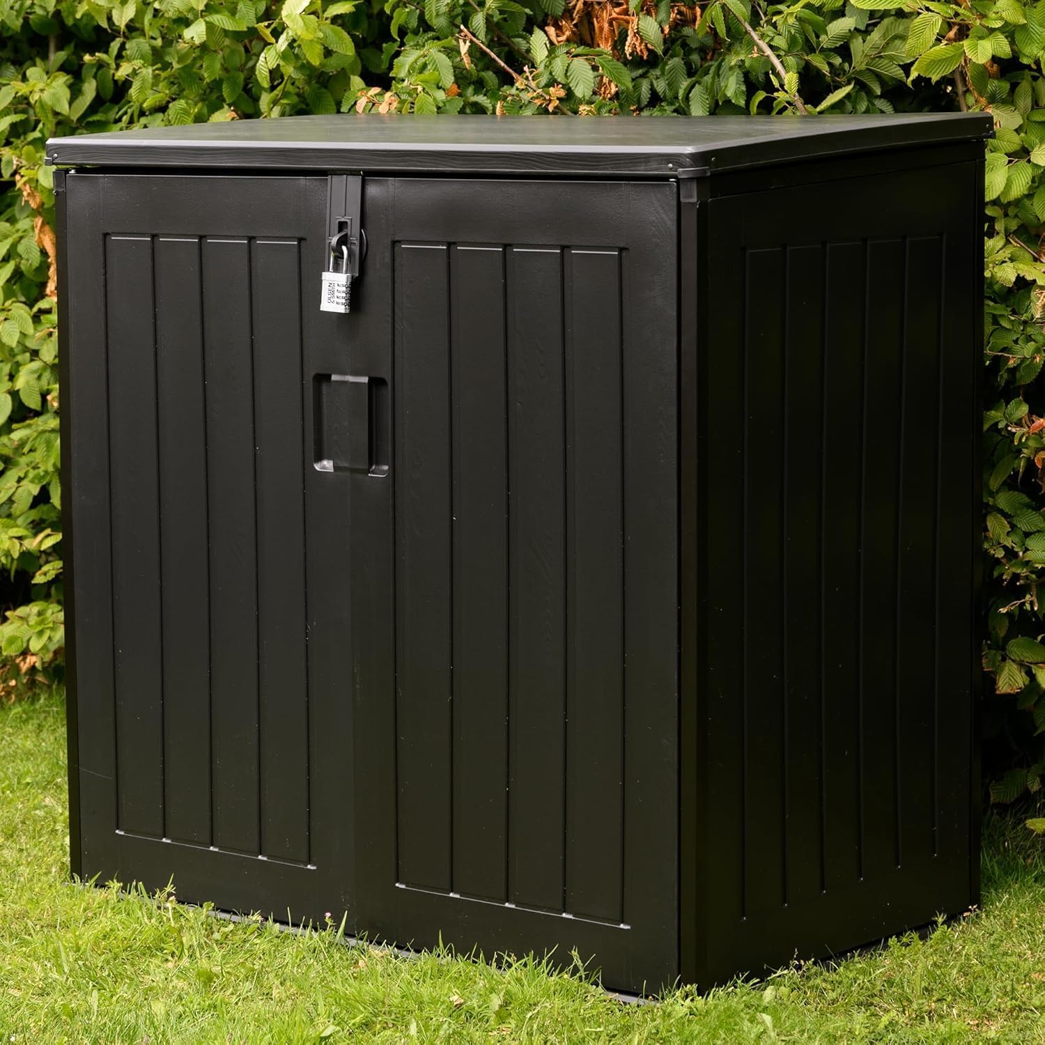 Olsen & Smith 775L Large Outdoor Garden Storage Box with Padlock - Big Capacity Plastic Shed Wheelie Bin Box Cabinet Cupboard - Ideal for 2x180L Wheelie Bins, Garden Tools, Toys & Much More