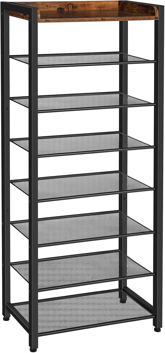 HOOBRO 8-Tier Shoe Rack, 20.5" L Shoe Storage Organizer, Narrow Shoe Shelf, Saving Space, Stable and Sturdy, Hold 14-16 Pairs of Shoes, for Entryway, Hallway, Living Room, Rustic Brown BF48XJ01