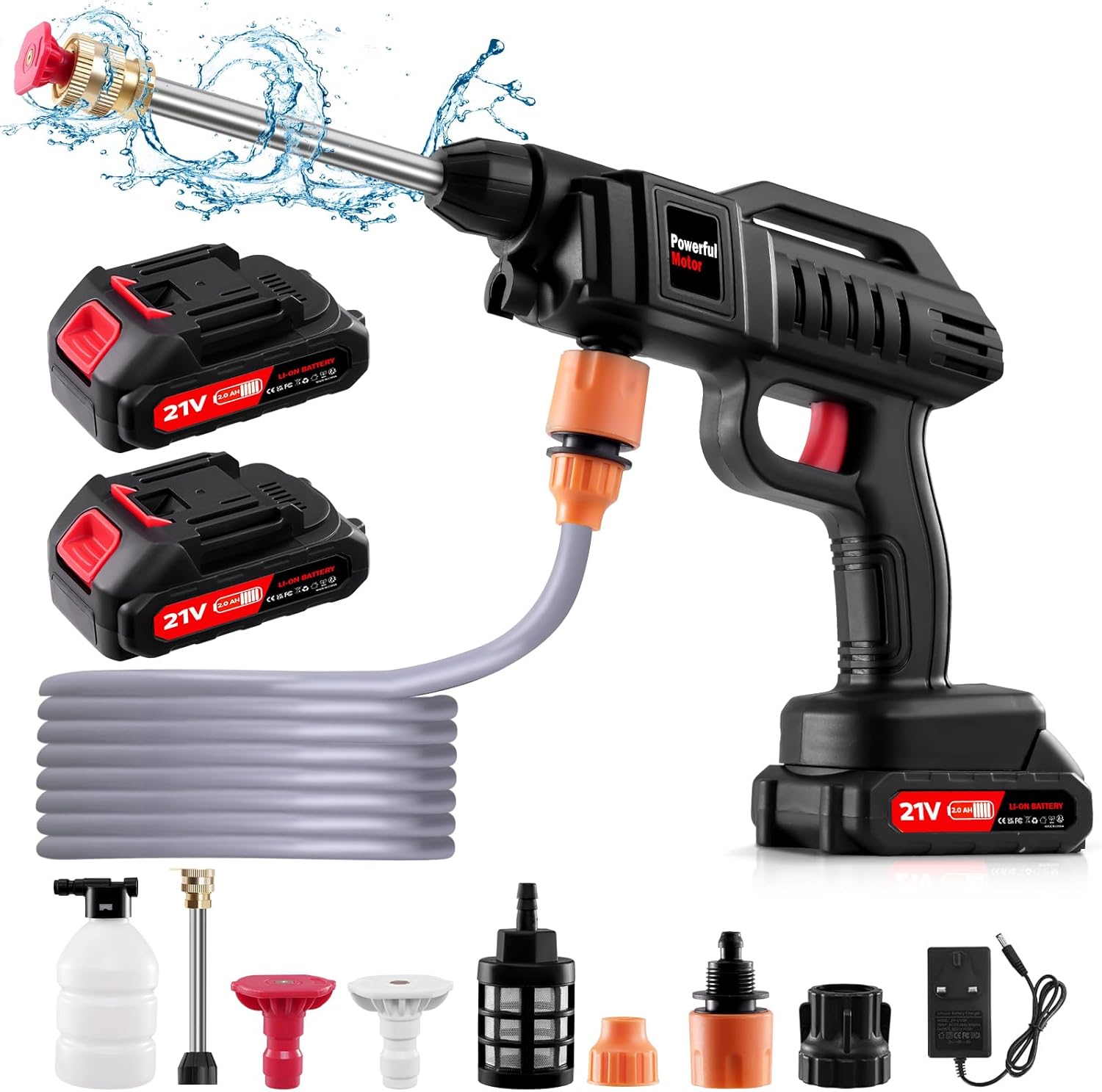 Cordless Pressure Washer, 21V Handheld Washer Kit 1500W, Battery Jet Wash with Nozzle and 5m/16.5ft tube for Car, Watering Flowers, Cleaning Floors