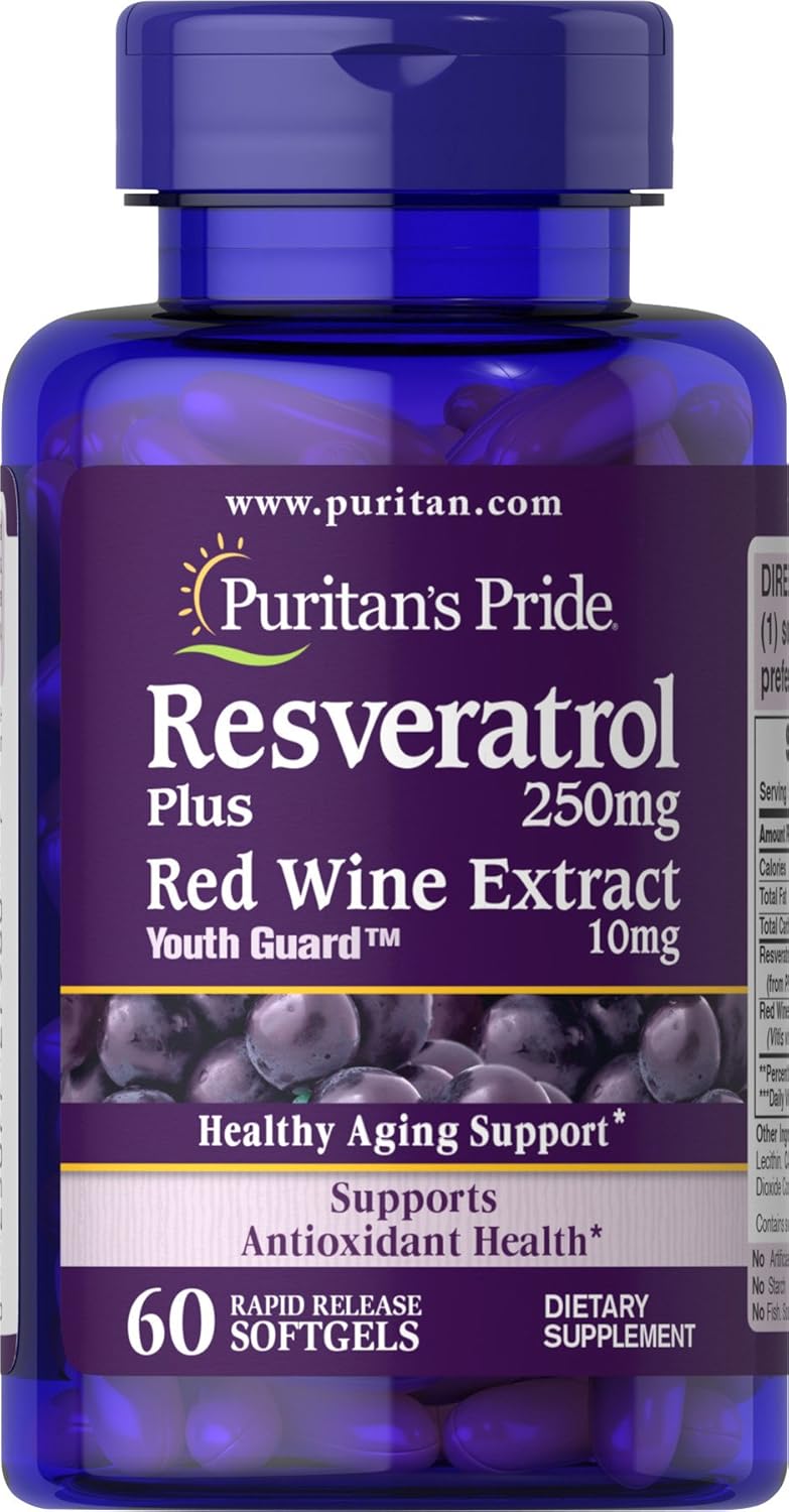 Puritan's Pride Premium Resveratrol Youth Guard 250mg, Dietary Supplement for Immune System, Antioxidant, Sugar Metabolism, Blood Flow, and Vascular Function Support, 60 Rapid Release Softgels