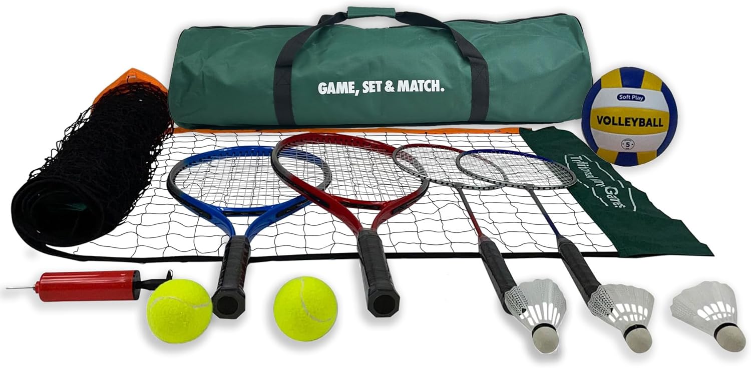 3-in-1 Badminton, Volleyball & Tennis Set with Adjustable 3M Net - Portable Outdoor Sports Game for Garden, Beach, or Park