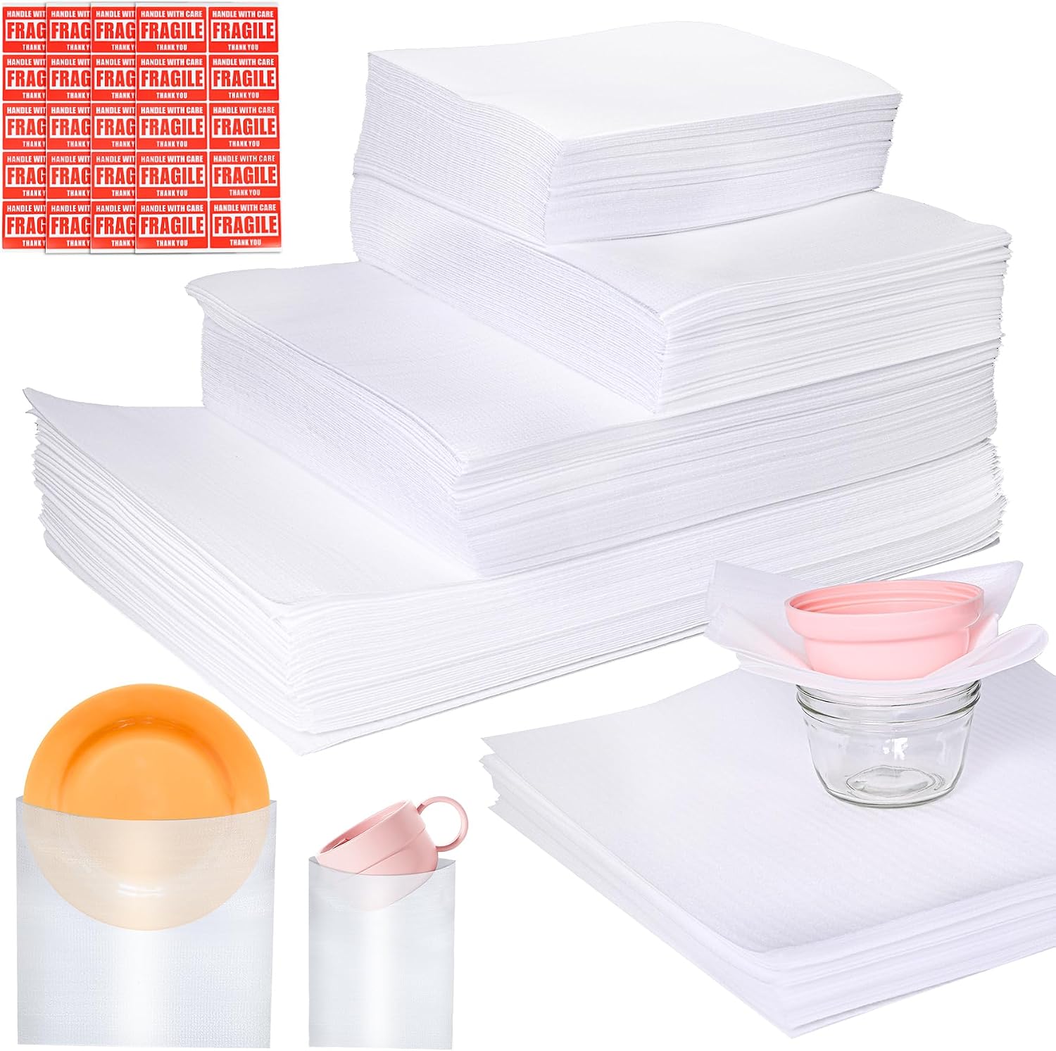 600Pcs Dish Packing Supplies for Moving, 300 Cushion Foam Wrap Pouches & Sheets 4 Sizes (16x12", 12x12", 12x7.8", 7.8x7.8") with 300 Fragile Stickers Plate Packing Sleeves for Fragile Shipping Storage