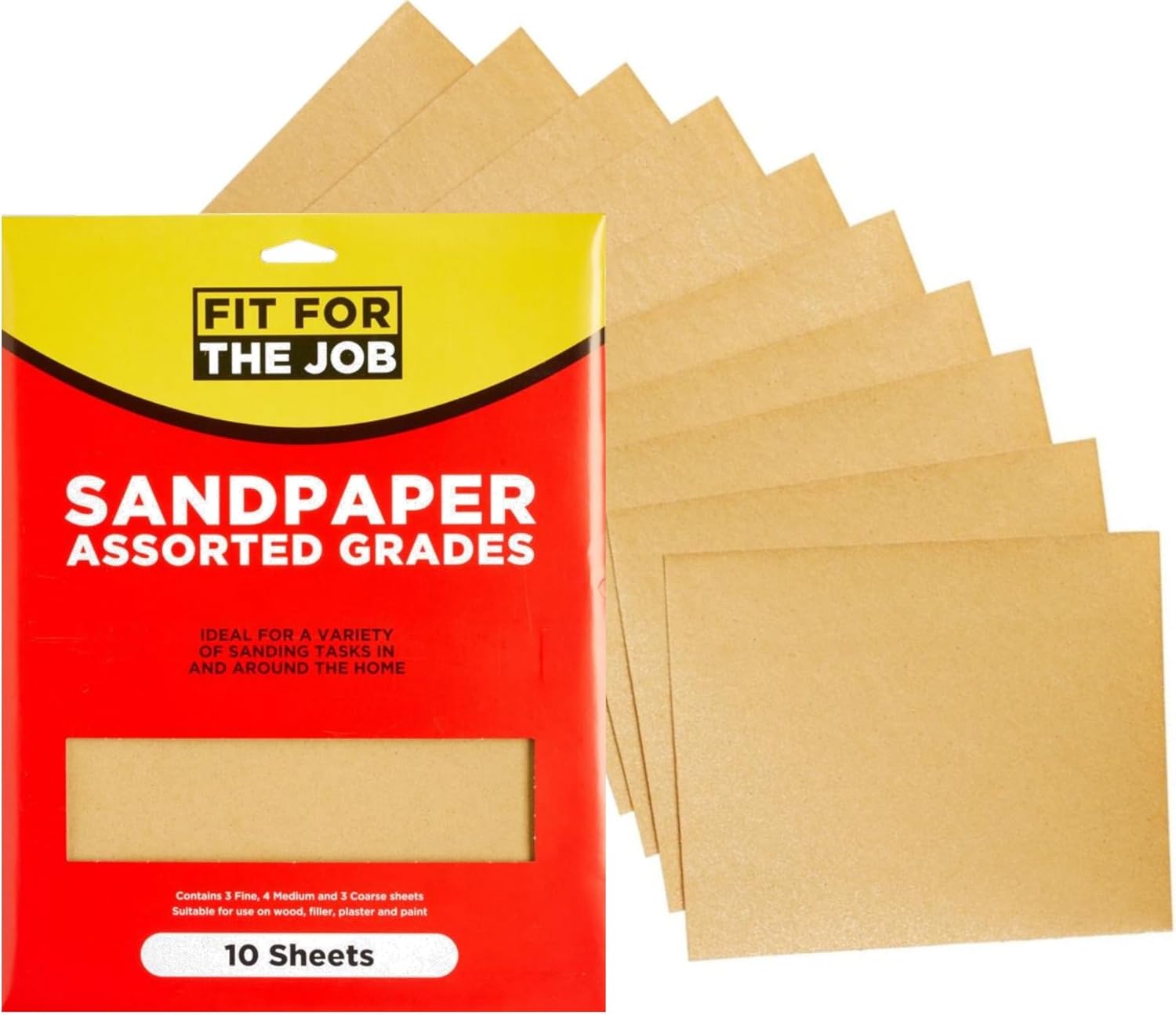 Fit For The Job 10 Large A4 Size Sheets Sandpaper Assorted Grades for Sanding Wood,Furniture,Metal,Plaster For Home Improvement, Decorating & More - 3x Fine, 4x Medium, 3x Coarse 11x9 inch (230x280mm)