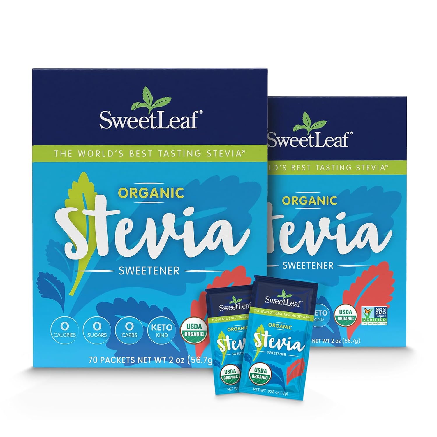 SweetLeaf Organic Stevia Packets - Zero Calorie Stevia Powder, No Bitter Aftertaste, Sugar Substitute for Keto Coffee, Nothing Artificial, Non-GMO Stevia Sweetener Packets, 70 Count (Pack of 2)