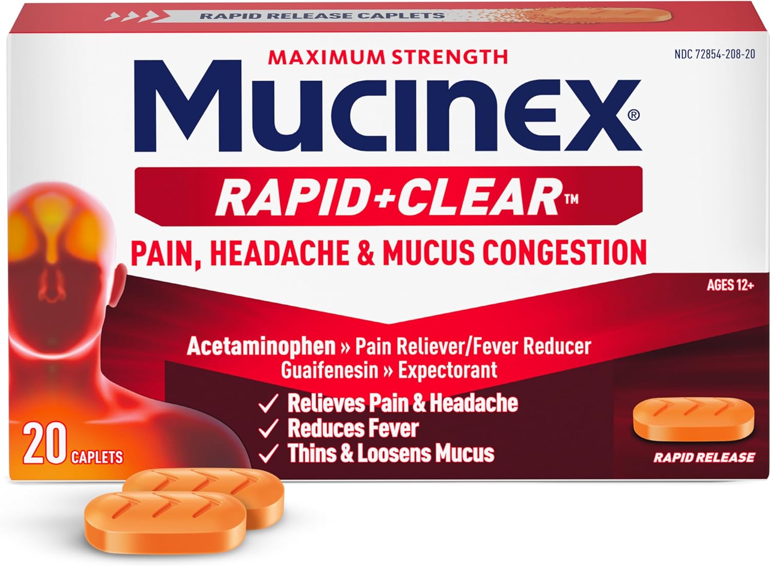 Mucinex Rapid Clear Maximum Strength Cold Medicine & Expectorant, Fever, Pain, Headache, & Excess Mucus Relief with Acetaminophen & Guaifenesin, Rapid Release Caplets for Adults, 20 Count