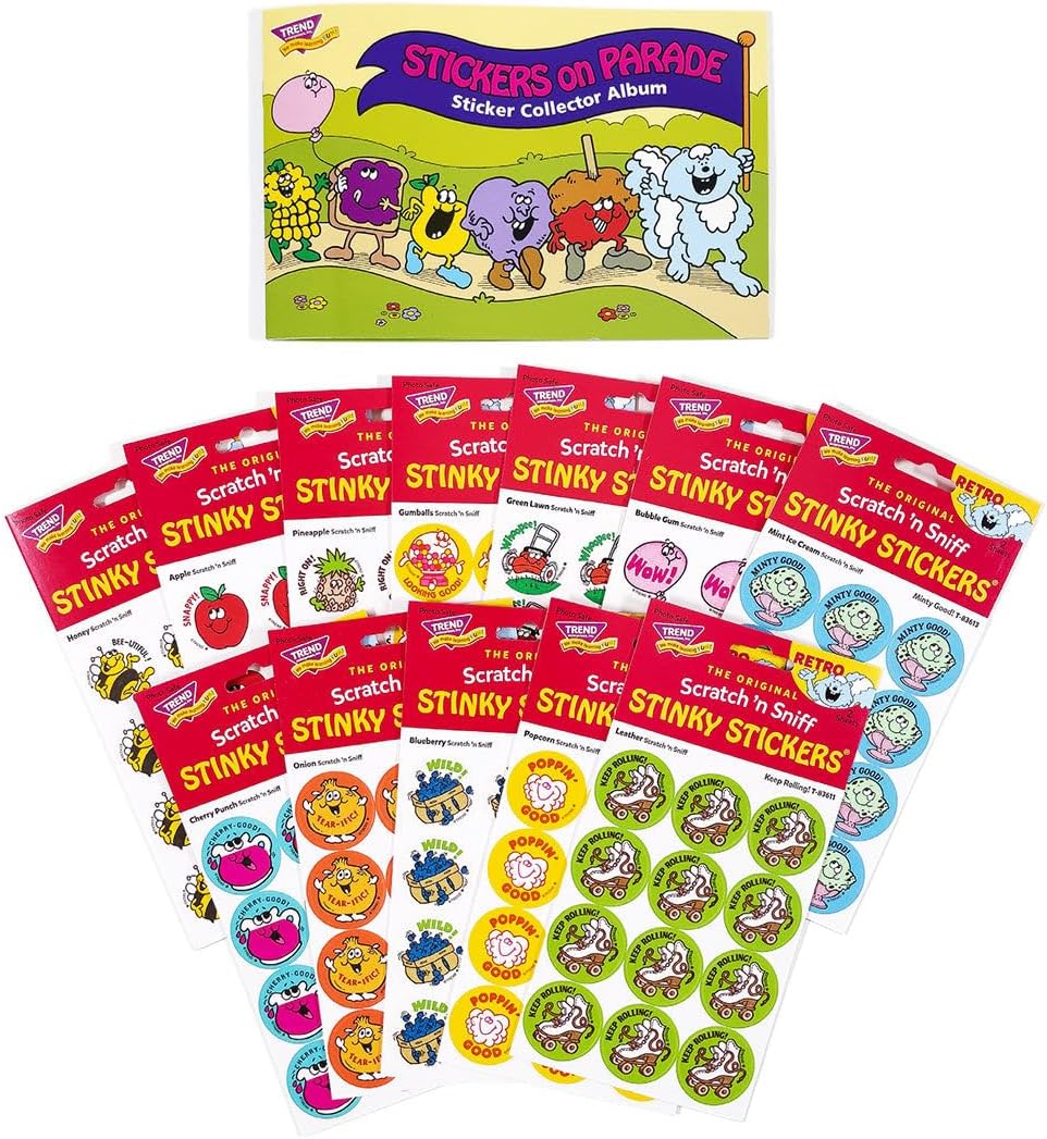Stickers on Parade Retro Scratch 'n Sniff Stinky Sticker and Album Combo Pack by TREND - 12 Sticker Packs, 1980s Authentic Designs!