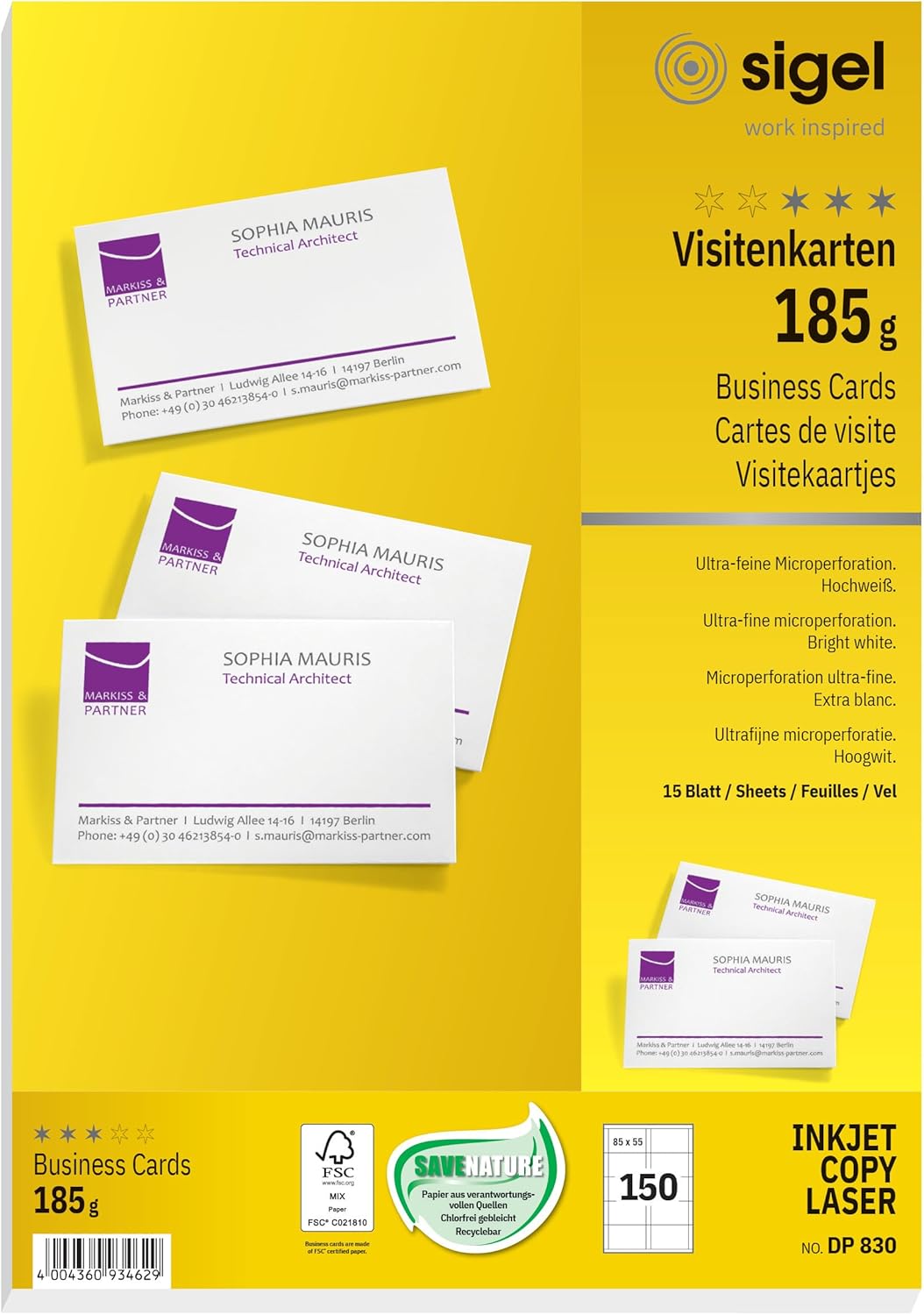 SIGEL DP830, 85x55 mm (A4), Business Cards, mp, 185 gsm, printable, bright White, 150 Piecesequal to15 sheets