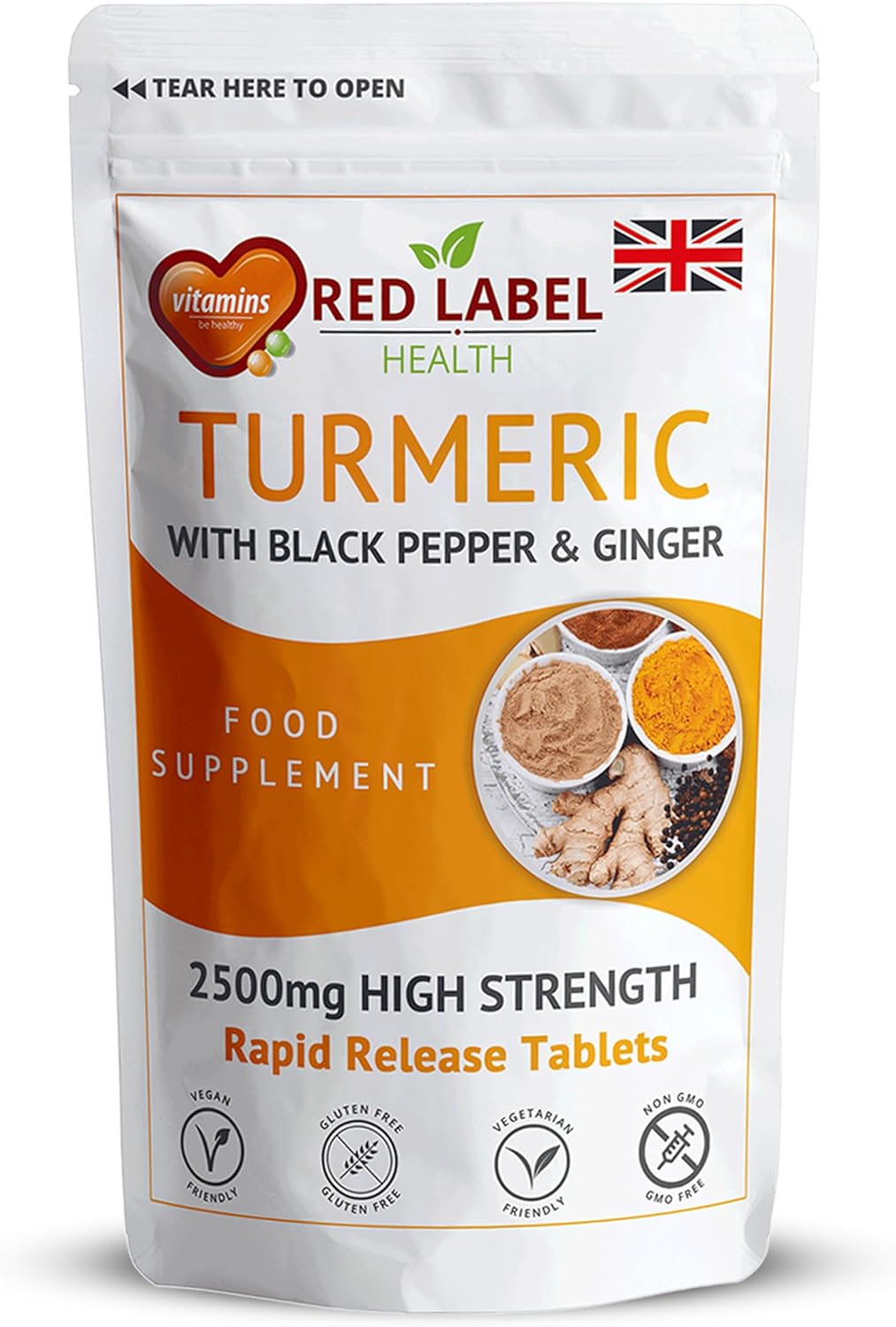 Red Label Health Turmeric Tablets 2620 mg with Black Pepper & Ginger, 365 Count (1 Year Supply) High Strength Curcumin Supplements, Not Turmeric Capsules, Vegan and Gluten Free, UK Made