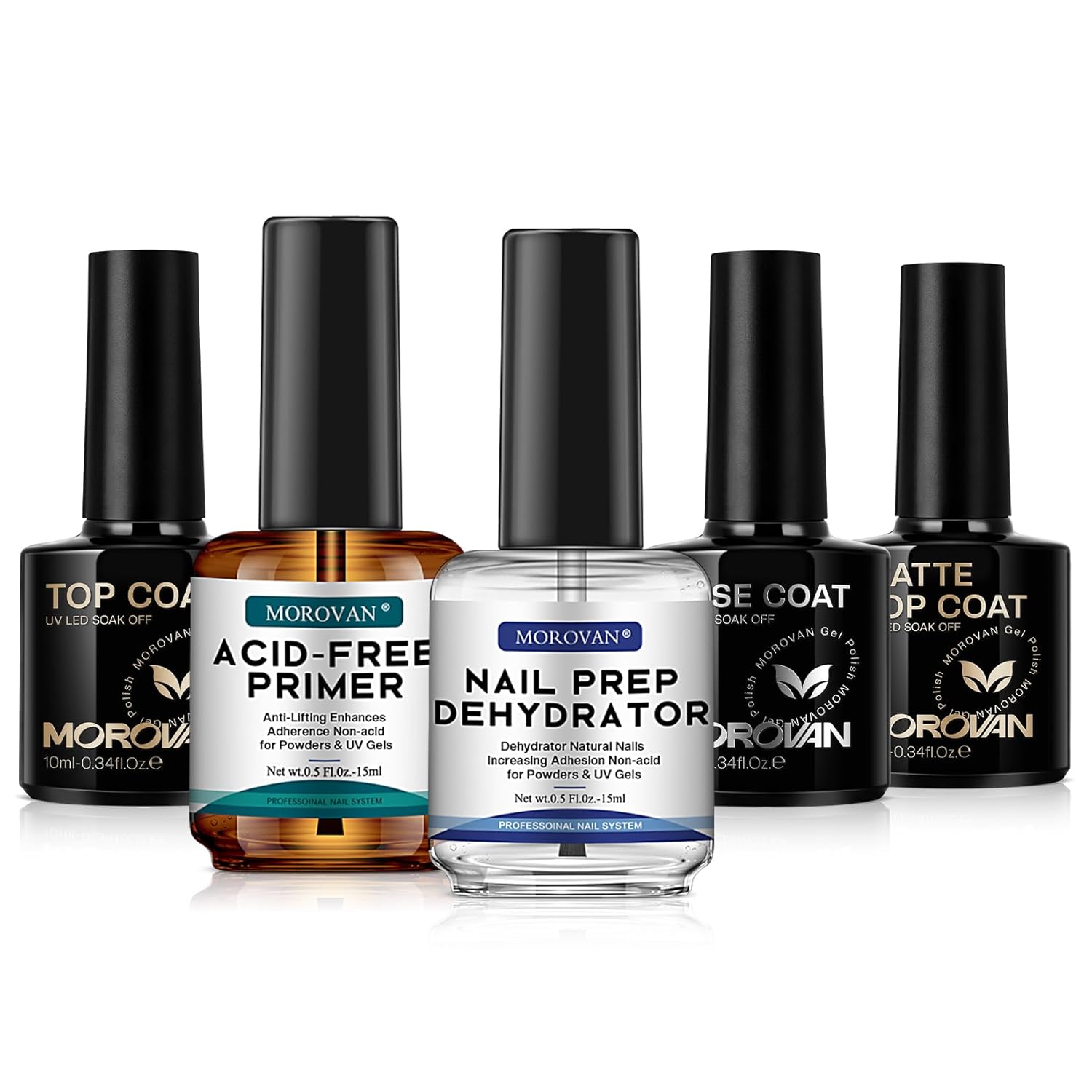 Morovan Nail Dehydrator and Primer with Gel Base & Top Coat Set 5PCS Professional Fast Dry Acid Free Supplies Primer and Chrome Proof No Wipe Matte Top Coat for Acrylic & Gel Nail Polish Gifts