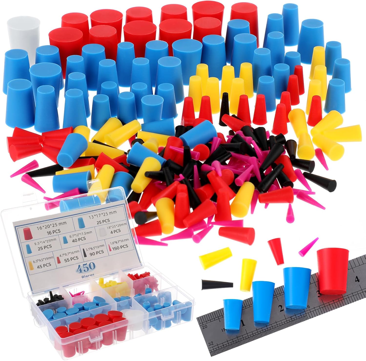 450 Pcs Rubber Plugs 8-Sizes Silicone Tapered Plug Kit 1/15" to 2/3" High Temp Stoppers for Coating, Hole, Painting Protection Silicone Stopper